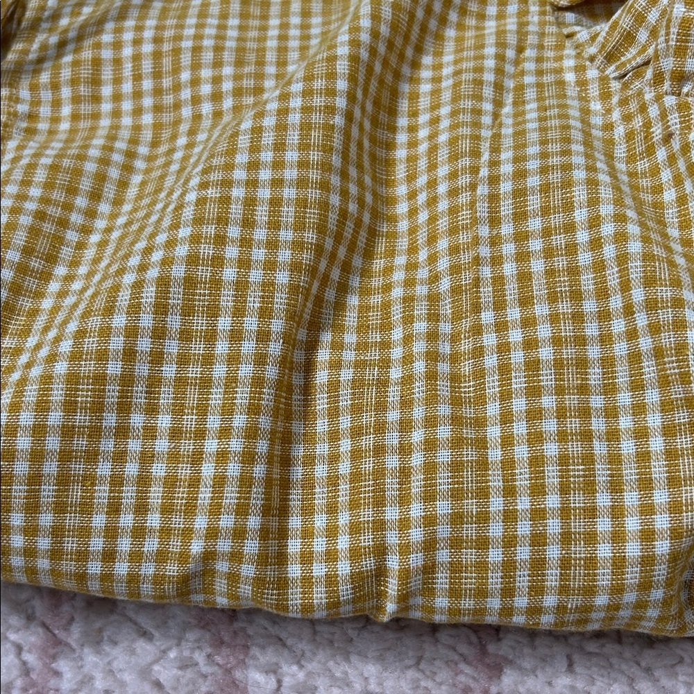 &Merci Mustard Gingham Plaid Babydoll Top Open Tie Back Ruffle Sleeves Small - Picture 12 of 12